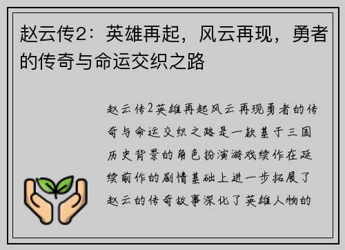 赵云传2：英雄再起，风云再现，勇者的传奇与命运交织之路